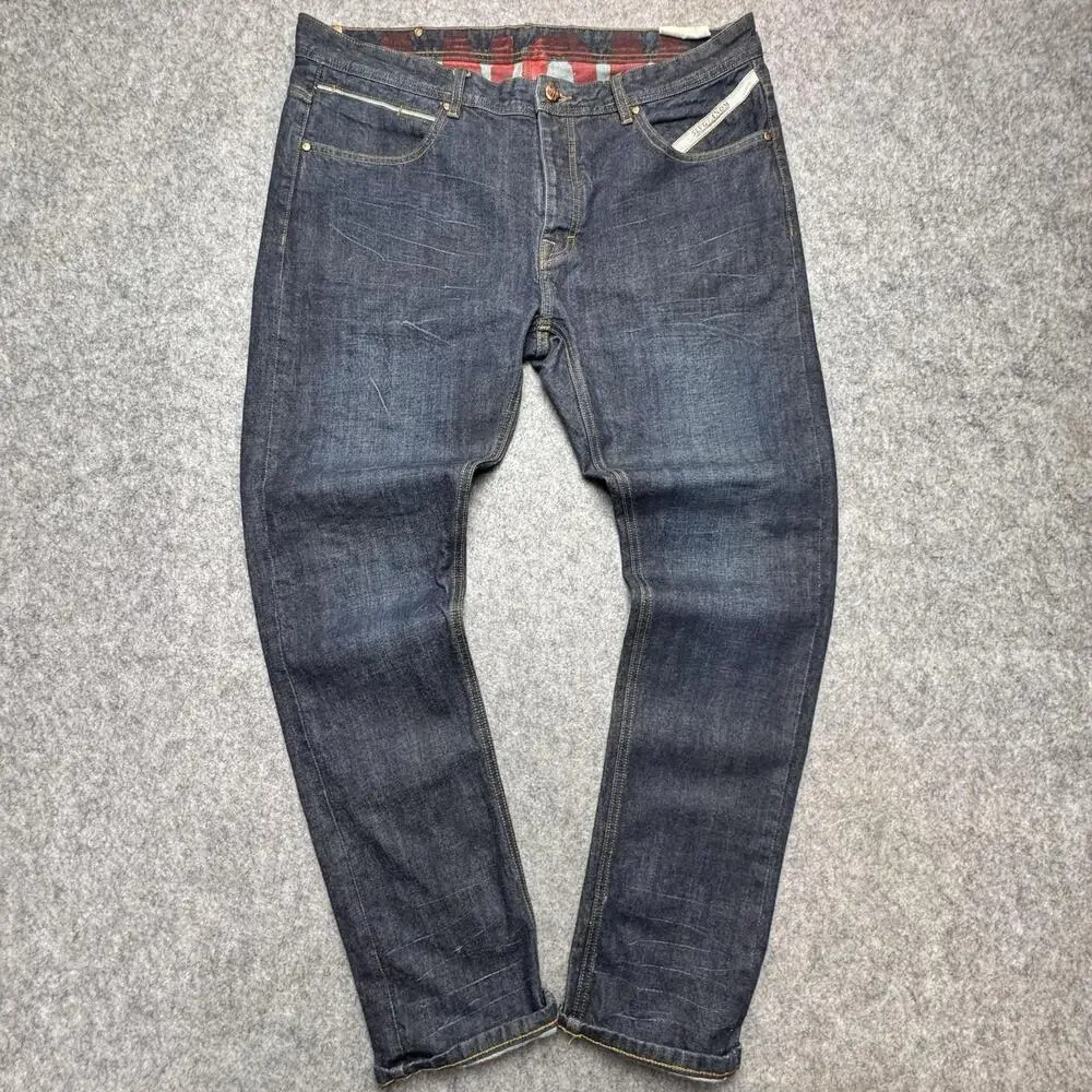 ANOM Jeans Mens 38x32 Blue Slim Straight Selvedge Button Fly Denim Pants Casual